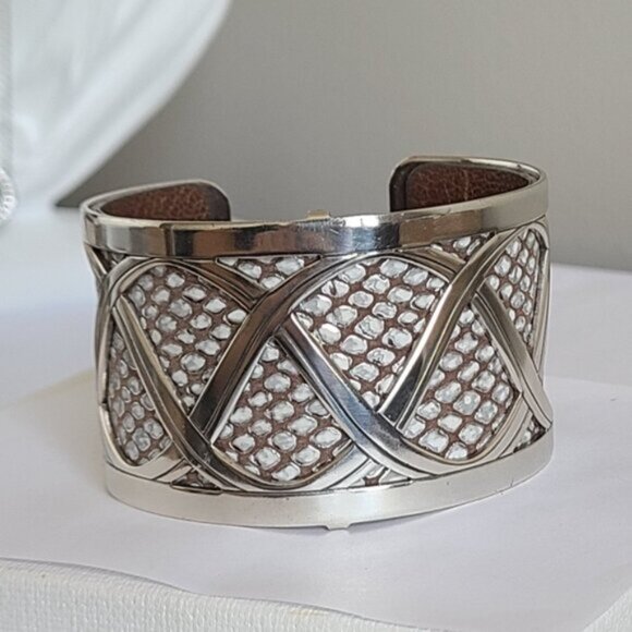 Vintage Brighton Boho Western Wide Chunky Leather Silver Tone Open Cuff Bracelet - Picture 9 of 15